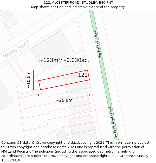 122, ALCESTER ROAD, STUDLEY, B80 7NT: Plot and title map