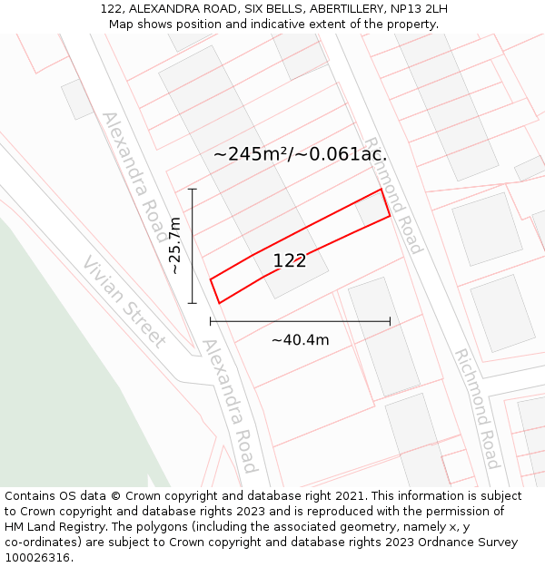 122, ALEXANDRA ROAD, SIX BELLS, ABERTILLERY, NP13 2LH: Plot and title map
