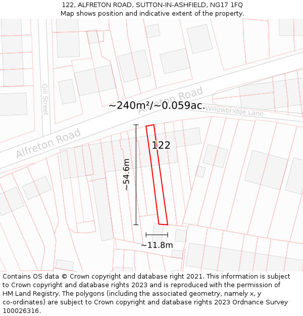 122, ALFRETON ROAD, SUTTON-IN-ASHFIELD, NG17 1FQ: Plot and title map