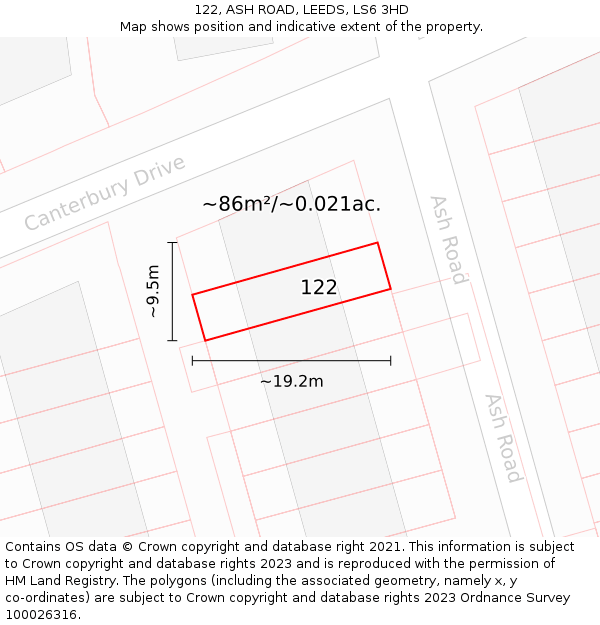 122, ASH ROAD, LEEDS, LS6 3HD: Plot and title map
