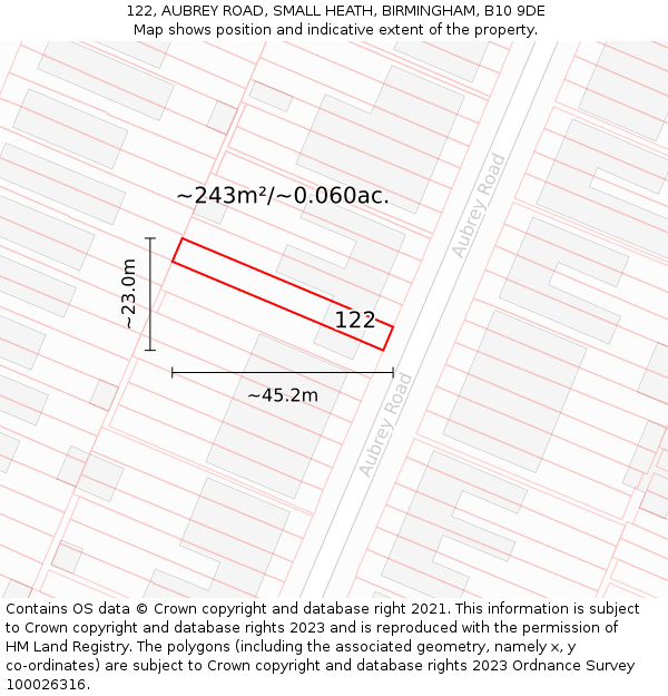 122, AUBREY ROAD, SMALL HEATH, BIRMINGHAM, B10 9DE: Plot and title map