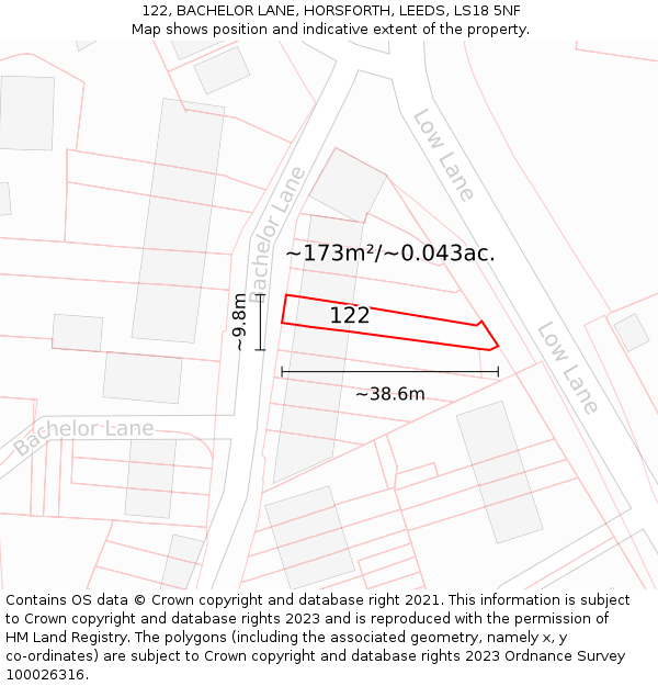 122, BACHELOR LANE, HORSFORTH, LEEDS, LS18 5NF: Plot and title map