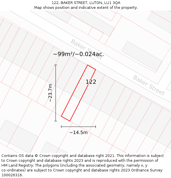 122, BAKER STREET, LUTON, LU1 3QA: Plot and title map
