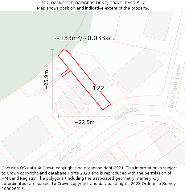 122, BANKFOOT, BADGERS DENE, GRAYS, RM17 5HY: Plot and title map