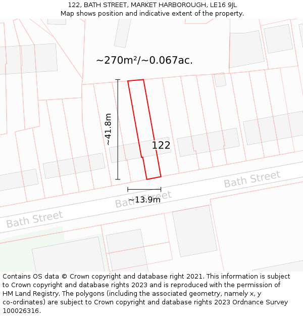 122, BATH STREET, MARKET HARBOROUGH, LE16 9JL: Plot and title map