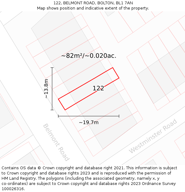 122, BELMONT ROAD, BOLTON, BL1 7AN: Plot and title map
