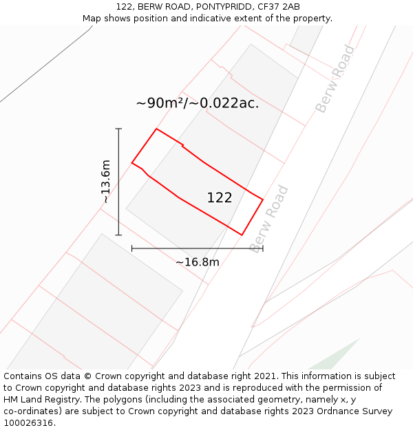 122, BERW ROAD, PONTYPRIDD, CF37 2AB: Plot and title map