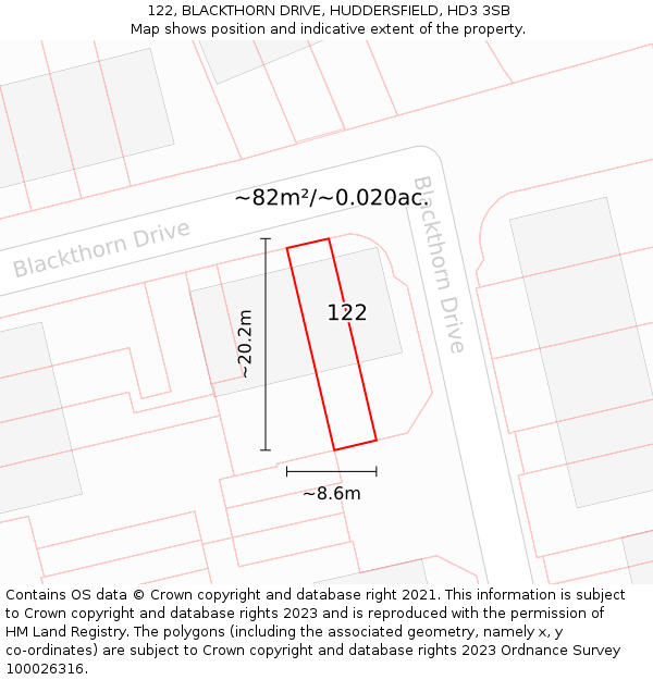 122, BLACKTHORN DRIVE, HUDDERSFIELD, HD3 3SB: Plot and title map