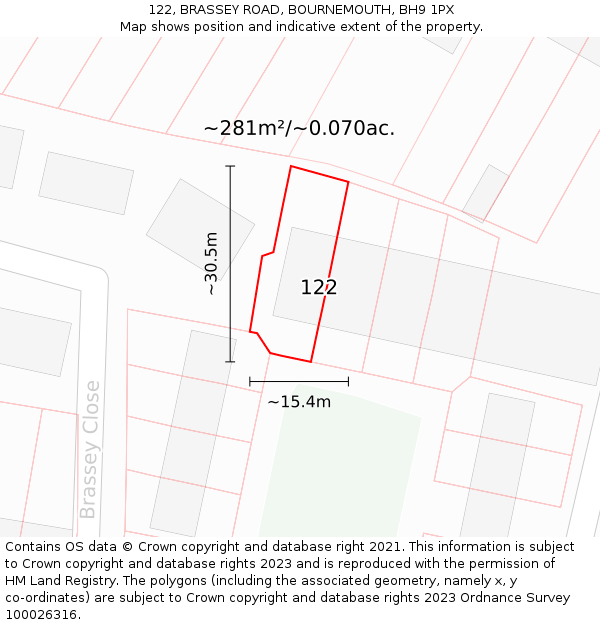 122, BRASSEY ROAD, BOURNEMOUTH, BH9 1PX: Plot and title map