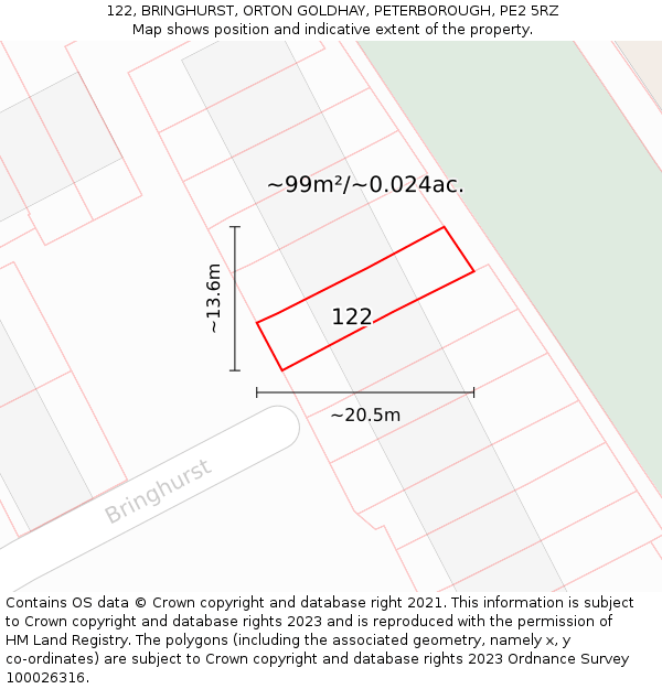 122, BRINGHURST, ORTON GOLDHAY, PETERBOROUGH, PE2 5RZ: Plot and title map