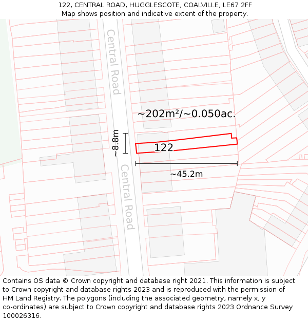 122, CENTRAL ROAD, HUGGLESCOTE, COALVILLE, LE67 2FF: Plot and title map