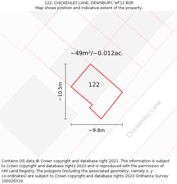 122, CHICKENLEY LANE, DEWSBURY, WF12 8QR: Plot and title map