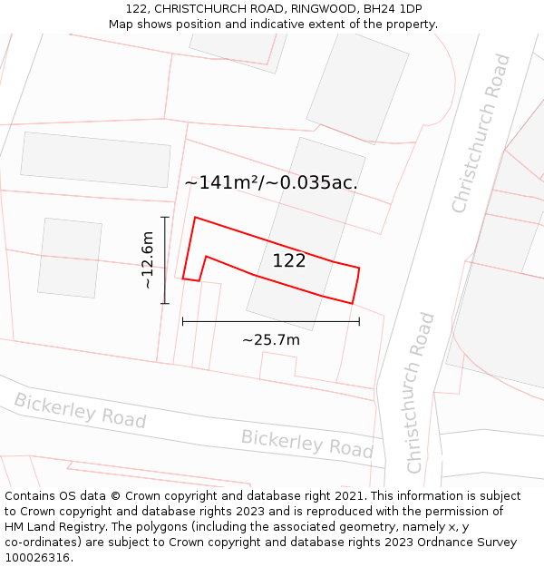 122, CHRISTCHURCH ROAD, RINGWOOD, BH24 1DP: Plot and title map