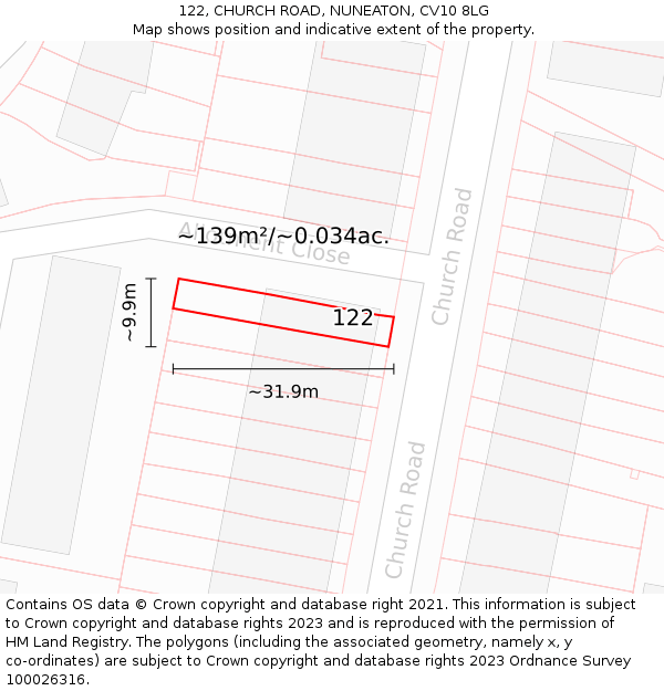 122, CHURCH ROAD, NUNEATON, CV10 8LG: Plot and title map