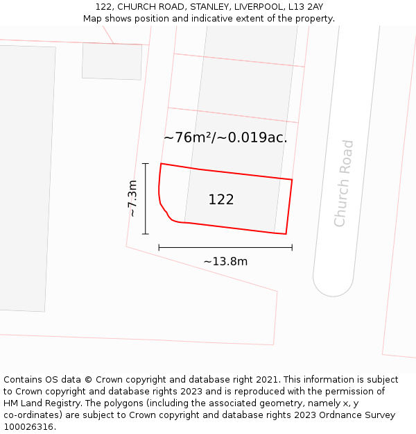 122, CHURCH ROAD, STANLEY, LIVERPOOL, L13 2AY: Plot and title map