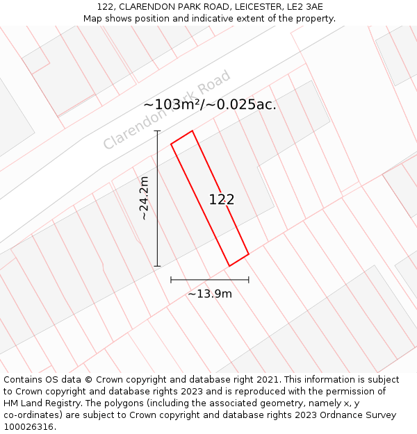 122, CLARENDON PARK ROAD, LEICESTER, LE2 3AE: Plot and title map