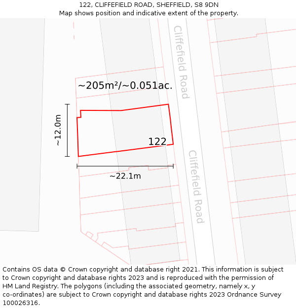 122, CLIFFEFIELD ROAD, SHEFFIELD, S8 9DN: Plot and title map