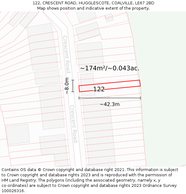 122, CRESCENT ROAD, HUGGLESCOTE, COALVILLE, LE67 2BD: Plot and title map