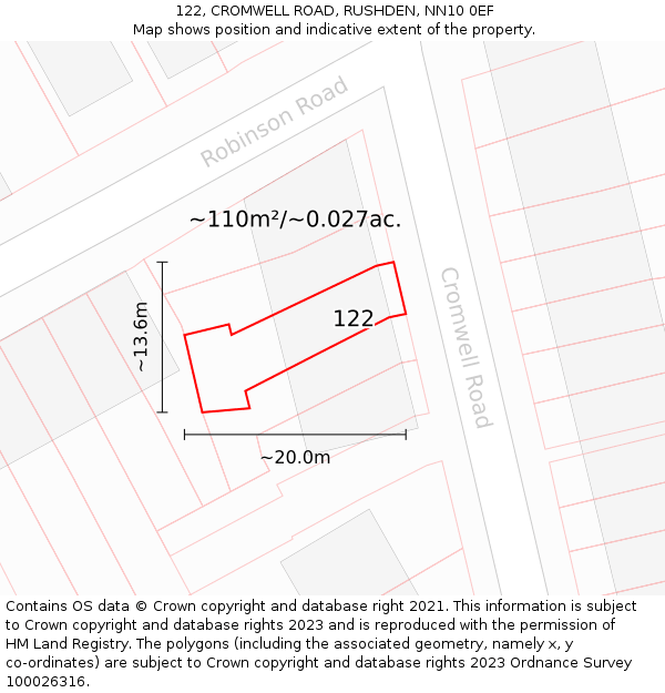 122, CROMWELL ROAD, RUSHDEN, NN10 0EF: Plot and title map