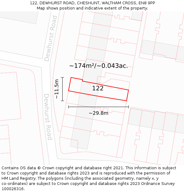 122, DEWHURST ROAD, CHESHUNT, WALTHAM CROSS, EN8 9PP: Plot and title map
