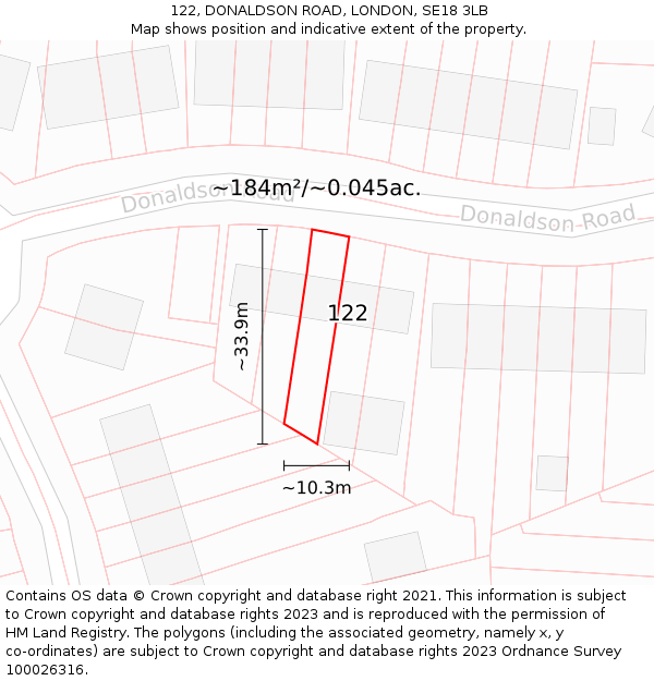 122, DONALDSON ROAD, LONDON, SE18 3LB: Plot and title map