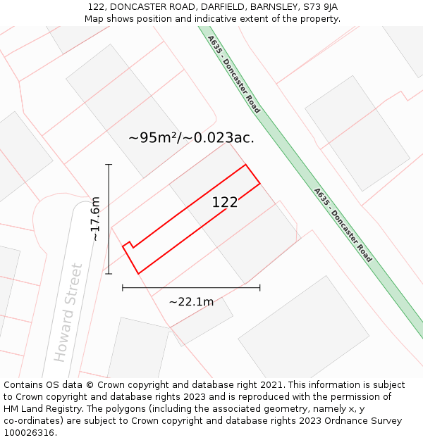 122, DONCASTER ROAD, DARFIELD, BARNSLEY, S73 9JA: Plot and title map
