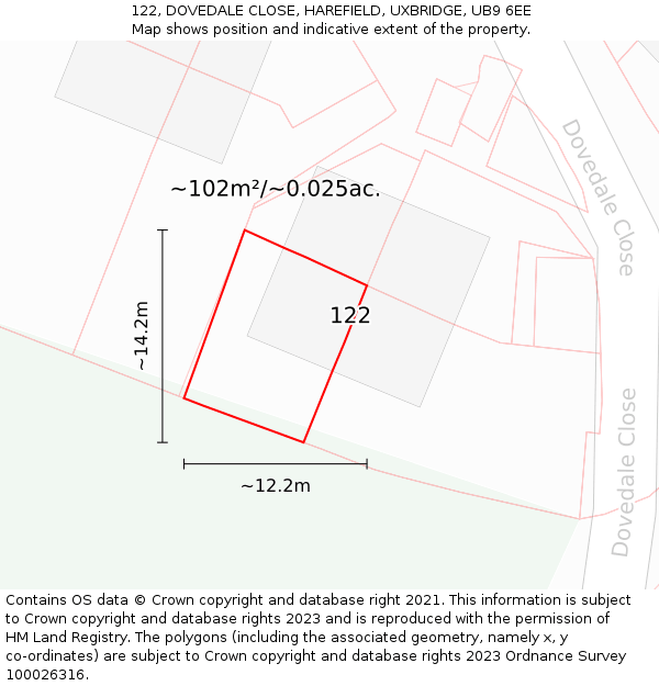 122, DOVEDALE CLOSE, HAREFIELD, UXBRIDGE, UB9 6EE: Plot and title map