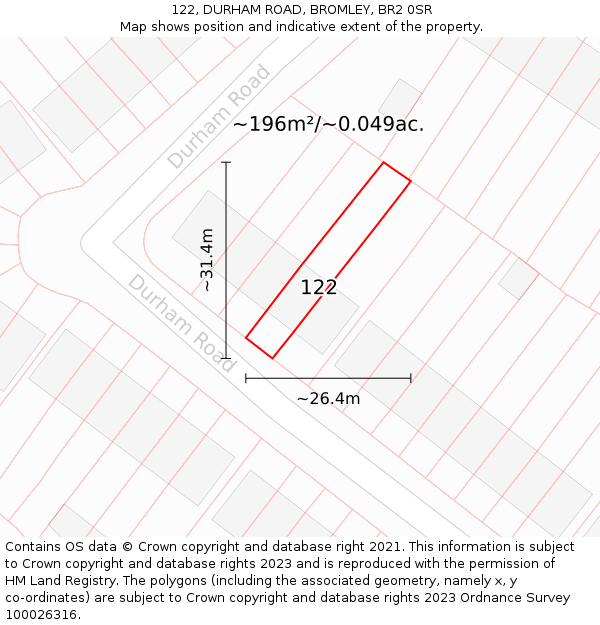 122, DURHAM ROAD, BROMLEY, BR2 0SR: Plot and title map