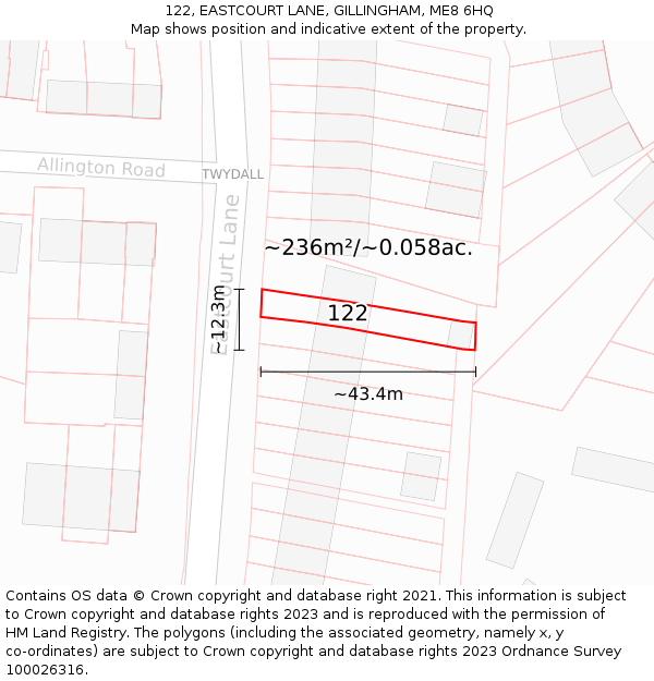 122, EASTCOURT LANE, GILLINGHAM, ME8 6HQ: Plot and title map