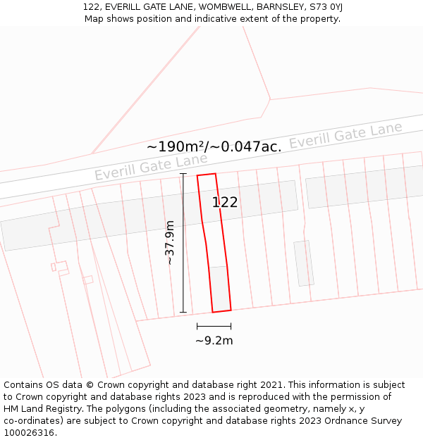 122, EVERILL GATE LANE, WOMBWELL, BARNSLEY, S73 0YJ: Plot and title map