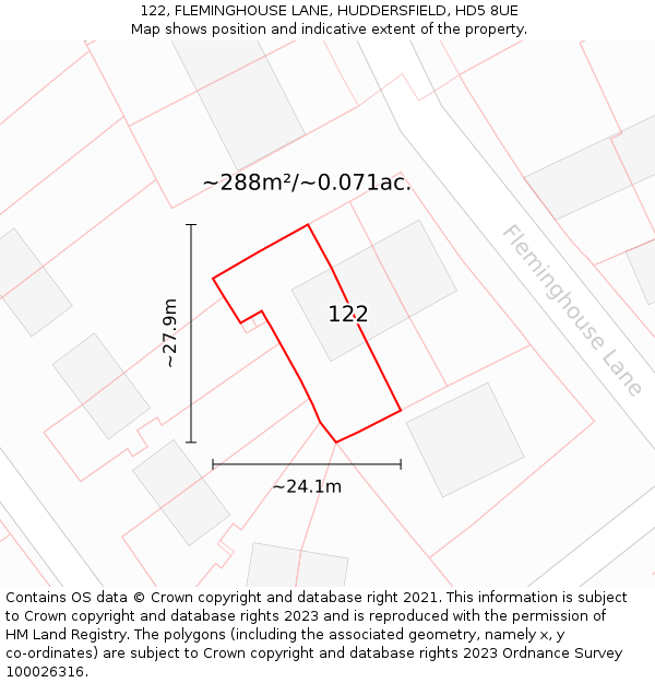 122, FLEMINGHOUSE LANE, HUDDERSFIELD, HD5 8UE: Plot and title map