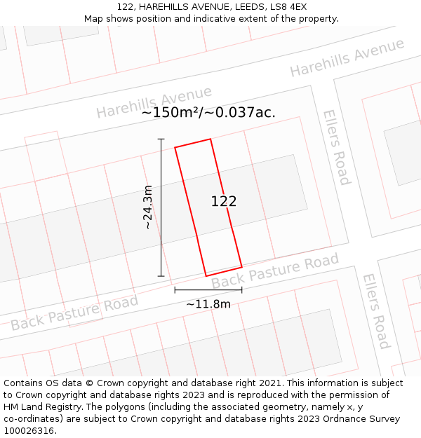 122, HAREHILLS AVENUE, LEEDS, LS8 4EX: Plot and title map
