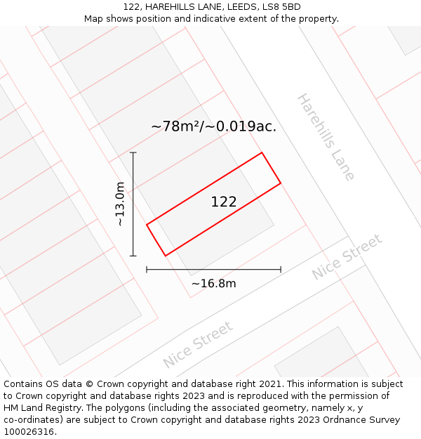 122, HAREHILLS LANE, LEEDS, LS8 5BD: Plot and title map