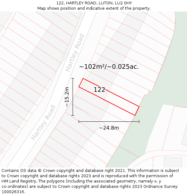 122, HARTLEY ROAD, LUTON, LU2 0HY: Plot and title map