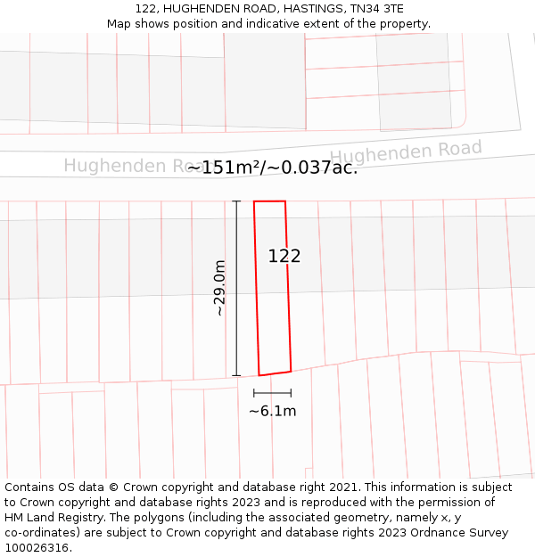 122, HUGHENDEN ROAD, HASTINGS, TN34 3TE: Plot and title map