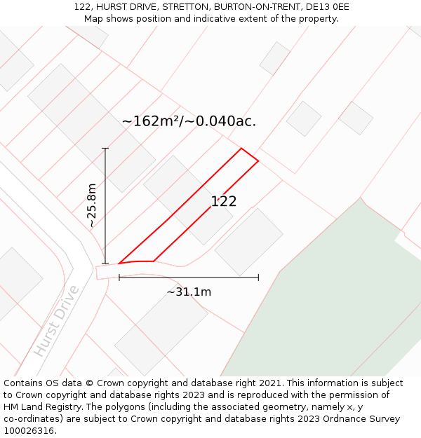 122, HURST DRIVE, STRETTON, BURTON-ON-TRENT, DE13 0EE: Plot and title map