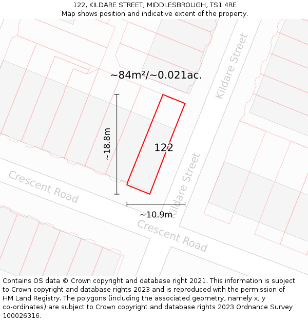 122, KILDARE STREET, MIDDLESBROUGH, TS1 4RE: Plot and title map