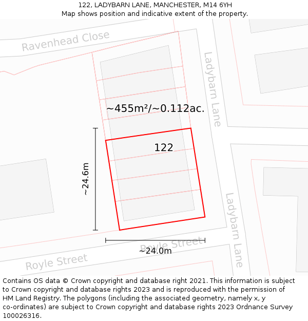 122, LADYBARN LANE, MANCHESTER, M14 6YH: Plot and title map