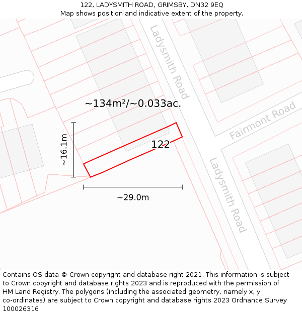122, LADYSMITH ROAD, GRIMSBY, DN32 9EQ: Plot and title map
