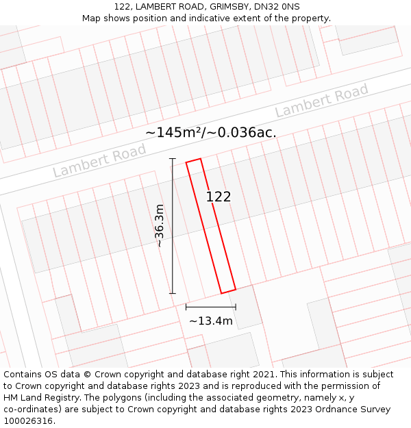 122, LAMBERT ROAD, GRIMSBY, DN32 0NS: Plot and title map