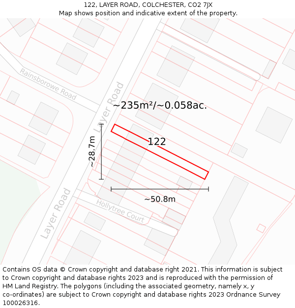 122, LAYER ROAD, COLCHESTER, CO2 7JX: Plot and title map