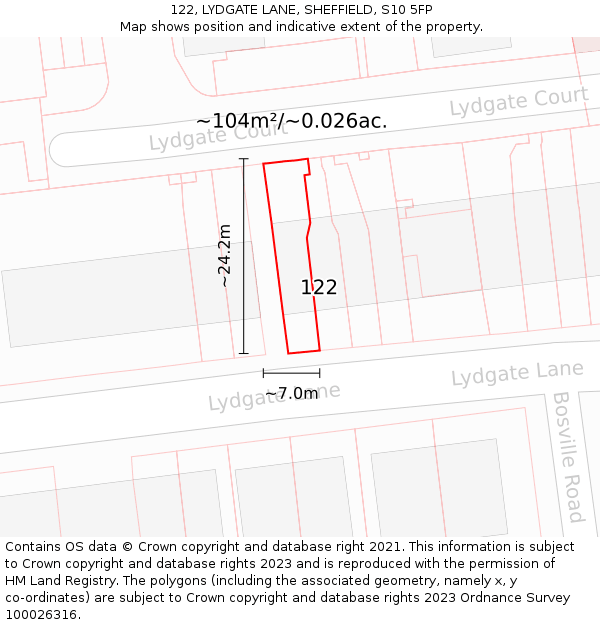 122, LYDGATE LANE, SHEFFIELD, S10 5FP: Plot and title map