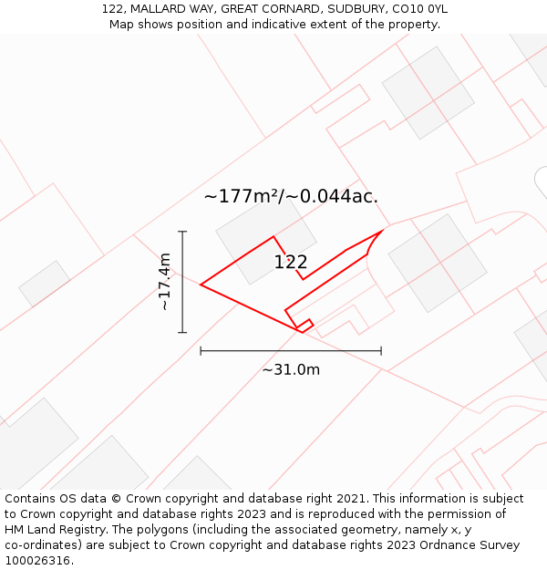 122, MALLARD WAY, GREAT CORNARD, SUDBURY, CO10 0YL: Plot and title map