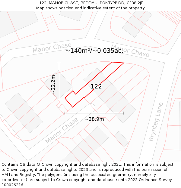 122, MANOR CHASE, BEDDAU, PONTYPRIDD, CF38 2JF: Plot and title map