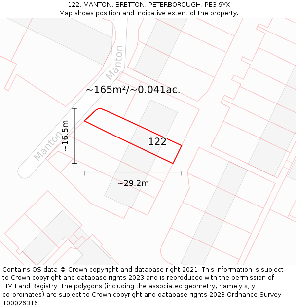 122, MANTON, BRETTON, PETERBOROUGH, PE3 9YX: Plot and title map