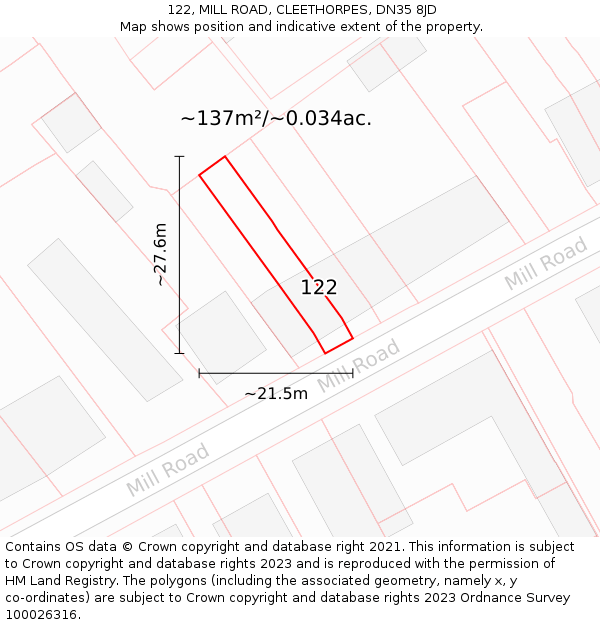122, MILL ROAD, CLEETHORPES, DN35 8JD: Plot and title map