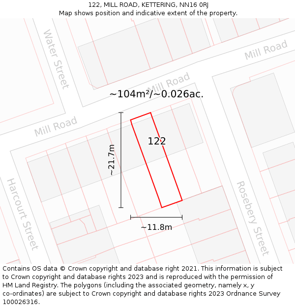 122, MILL ROAD, KETTERING, NN16 0RJ: Plot and title map