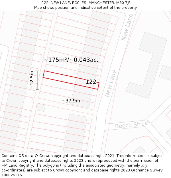 122, NEW LANE, ECCLES, MANCHESTER, M30 7JE: Plot and title map