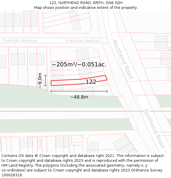 122, NORTHEND ROAD, ERITH, DA8 3QH: Plot and title map