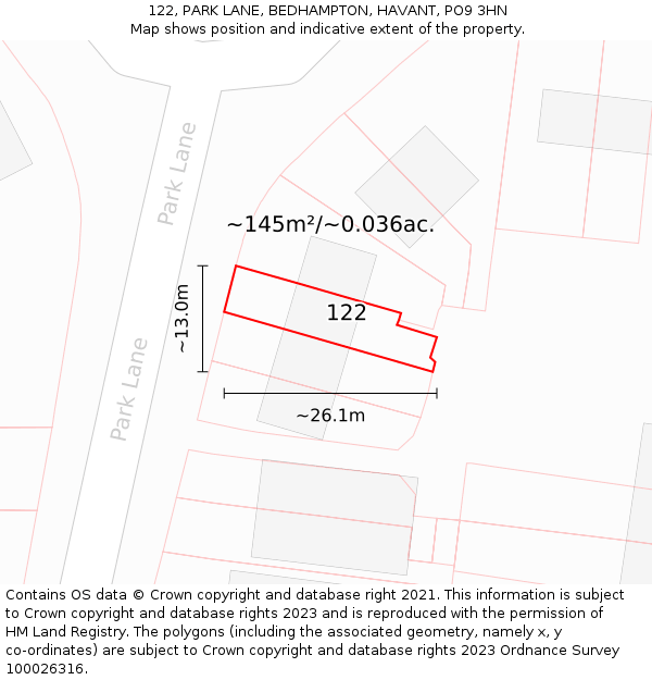 122, PARK LANE, BEDHAMPTON, HAVANT, PO9 3HN: Plot and title map